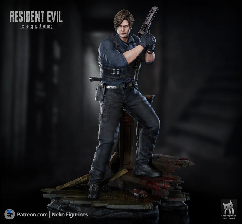 Leon Kennedy Resident Evil figure with handgun on a debris base