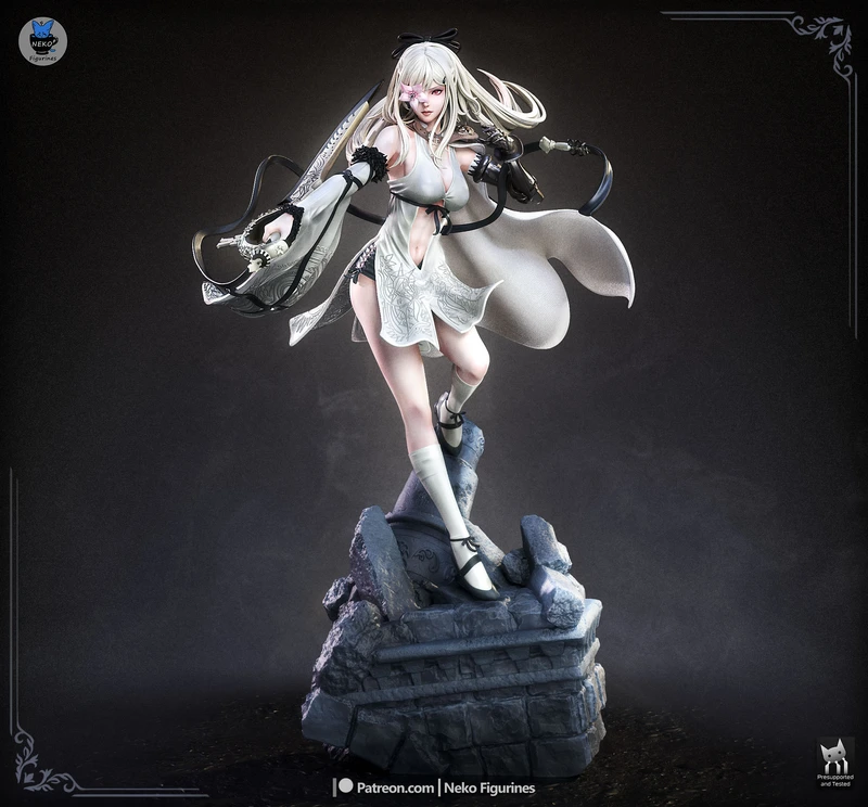 Zero from Drakengard in a flowing white outfit on a rocky display base