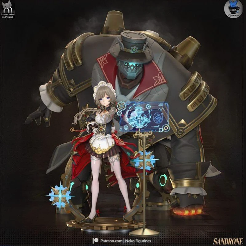Sandrone and Pulonia Genshin Impact figure with a petite character and large mechanical companion