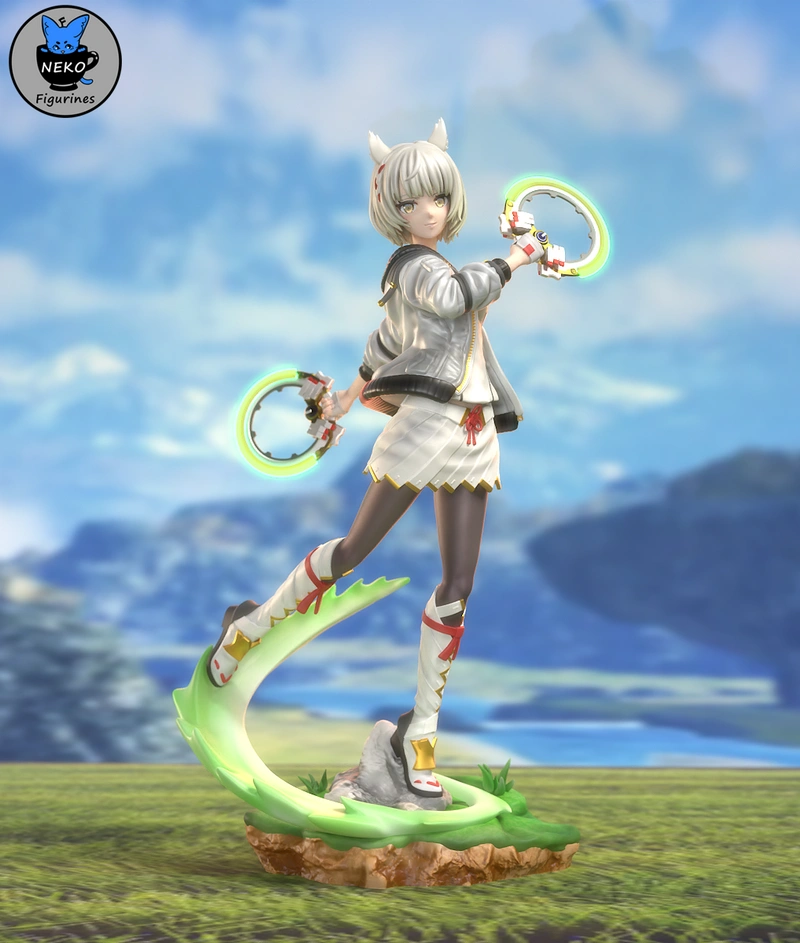 Mio from Xenoblade Chronicles 3 holding glowing ring weapons on a display base