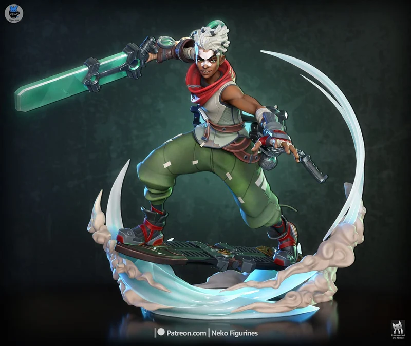 Ekko League of Legends figure with green blade, sword, hoverboard base, and sweeping energy effects
