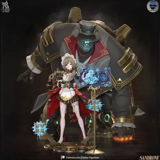 Sandrone and Pulonia figure with a pale-haired character and large armored mechanical companion
