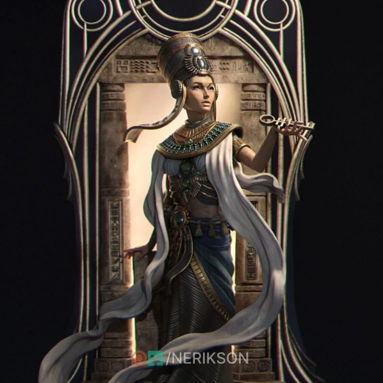 Egyptian-inspired Hierophant tarot figure with flowing robes and an ornate architectural frame
