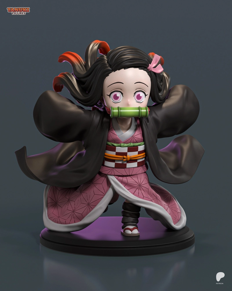 Chibi Nezuko Kamado figure with bamboo muzzle, kimono, and display base