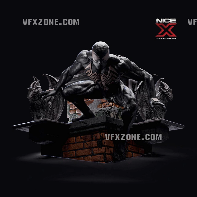 Symbiote Spider-Man crouching on a brick rooftop statue base
