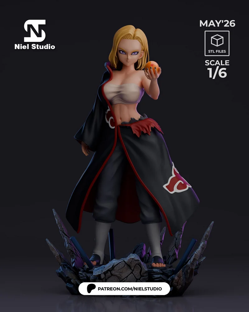 Android 18 Dragon Ball figure holding an orange Dragon Ball on a rocky base