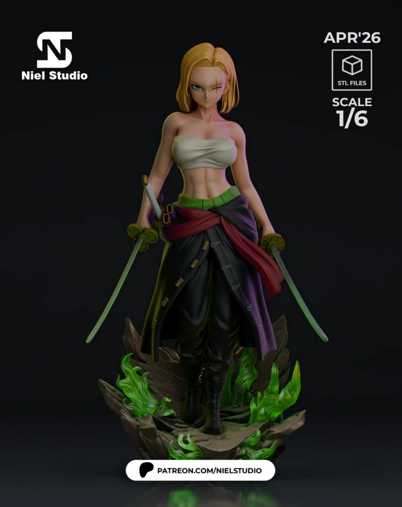 Feminine Roronoa Zoro One Piece figure with two swords and green flame effects