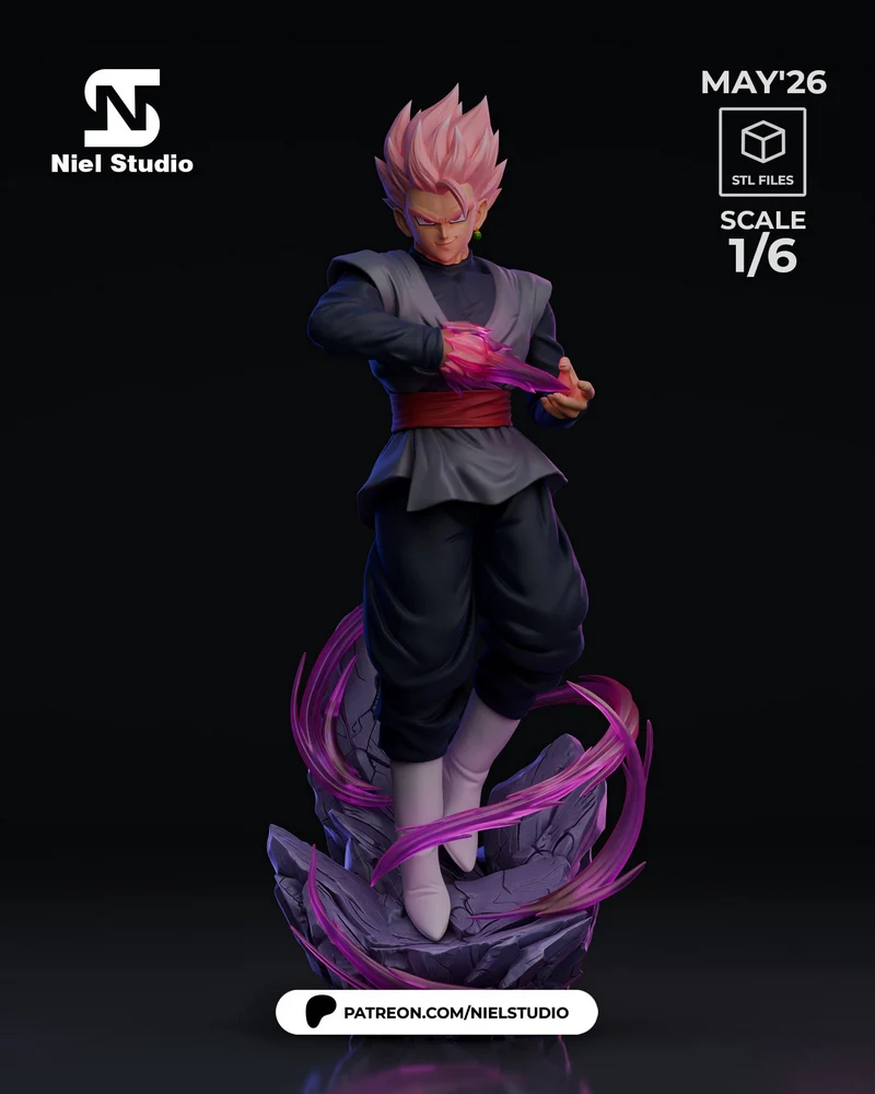 Gohan Black Dragon Ball figure with pink hair, dark gi, red sash, and magenta energy effects