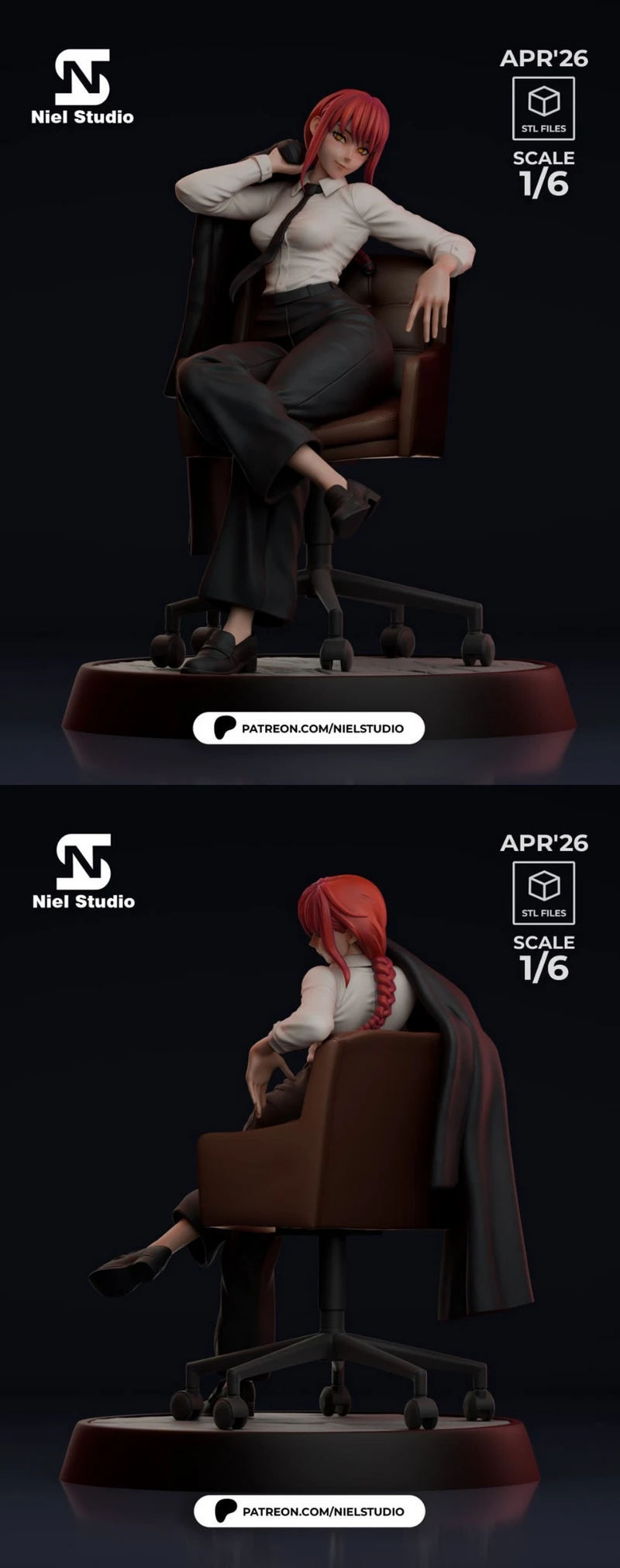 Makima from Chainsaw Man seated in an office chair with red hair, white shirt, black tie, dark trousers, and coat