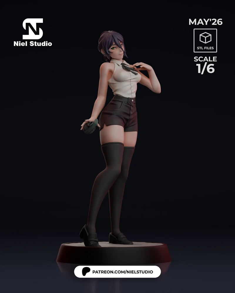 Reze from Chainsaw Man standing on a display base in a white top and dark shorts