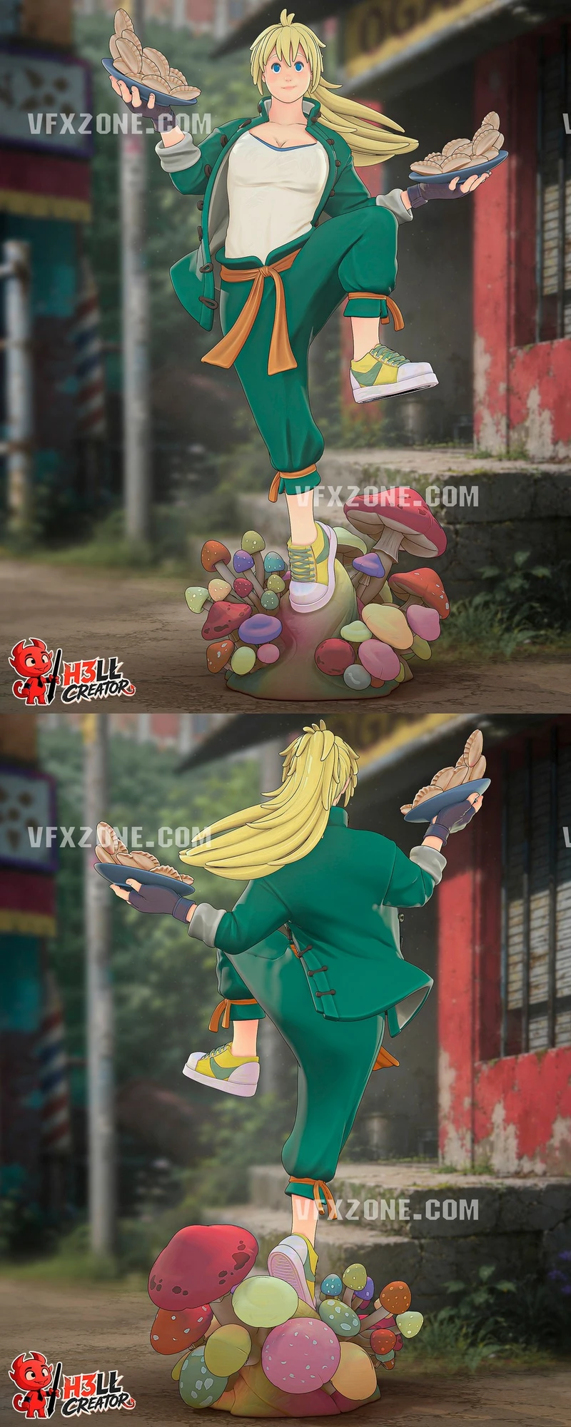 Nikaido from Dorohedoro balancing on a mushroom-covered base with plates