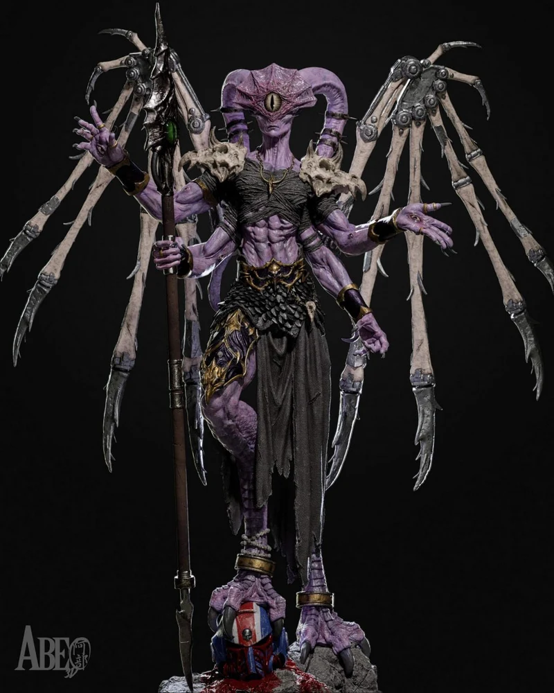Purple horned fantasy sorcerer figure with skeletal appendages and a staff
