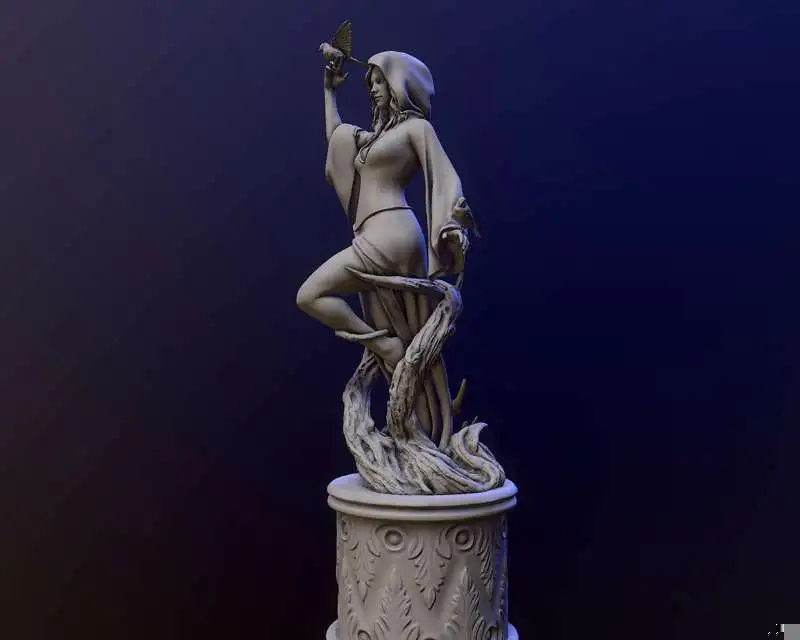Nocturna DC Comics statue with a hooded figure, raised hand, twisted roots, and ornate pedestal