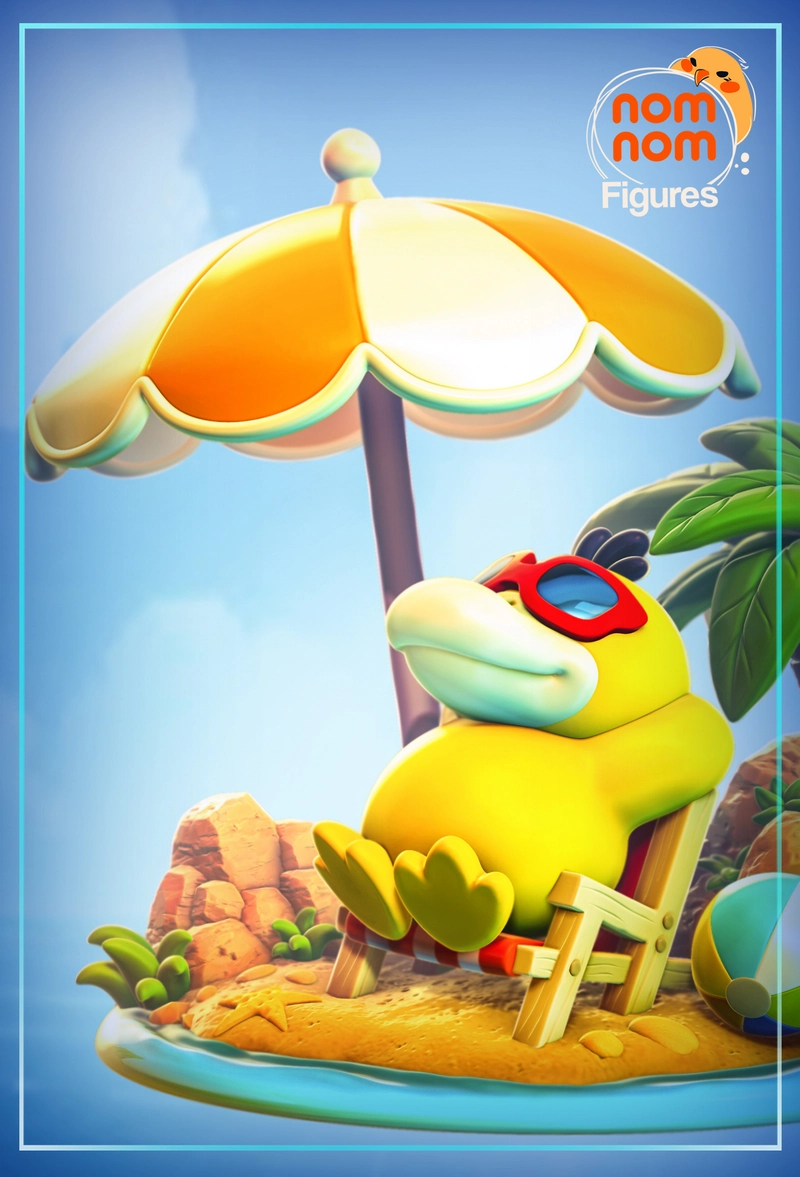 Chibi Psyduck wearing goggles in a beach chair beneath a colorful umbrella