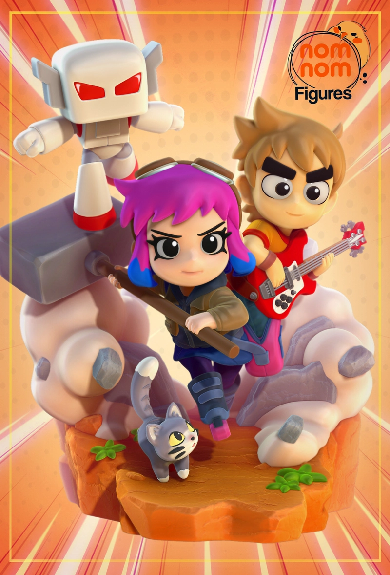 Chibi Ramona Flowers with pink hair, goggles, and a bat, shown with Scott Pilgrim characters