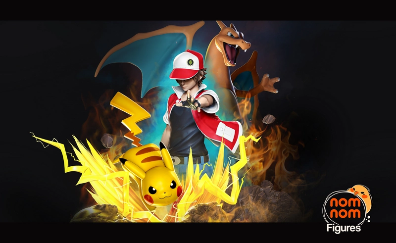 Red Pokémon trainer figure with cap, red vest, Pikachu, and Charizard