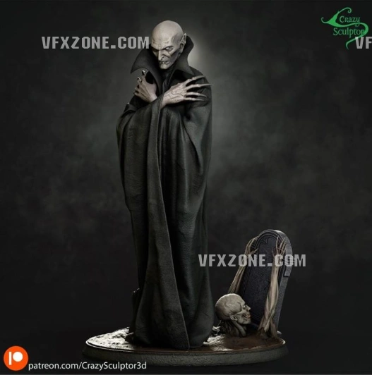 Nosferatu statue with a gaunt face, crossed hands, long cloak, skull, and textured display base