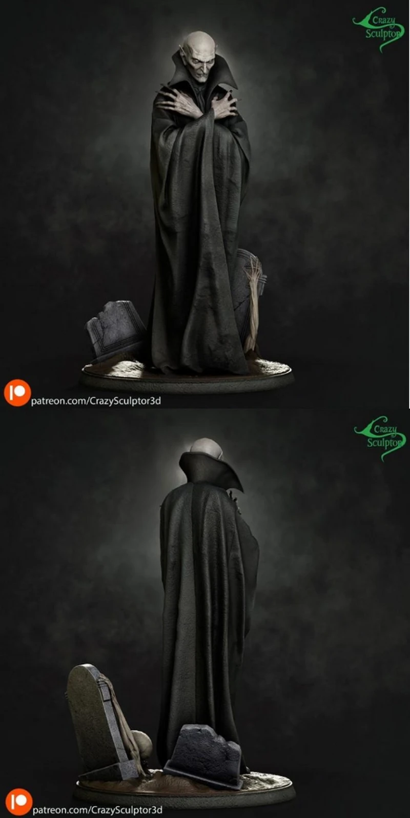 Nosferatu vampire statue in a long cloak on a graveyard base