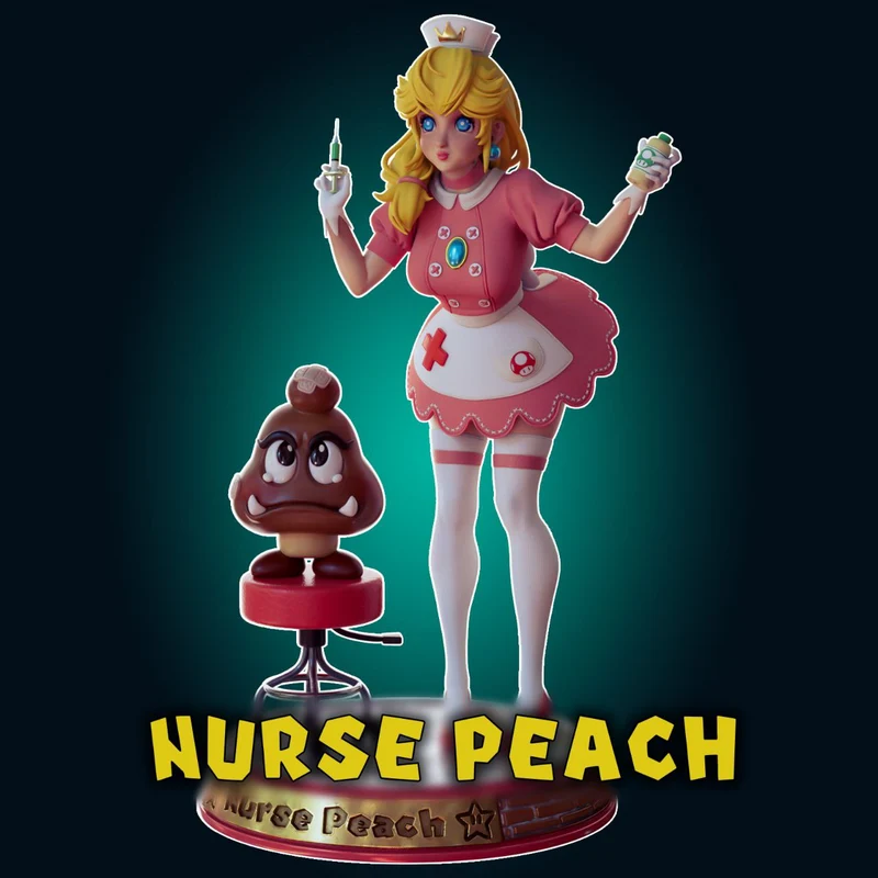 Nurse Peach fan-art figure in a pink nurse uniform with a Goomba companion