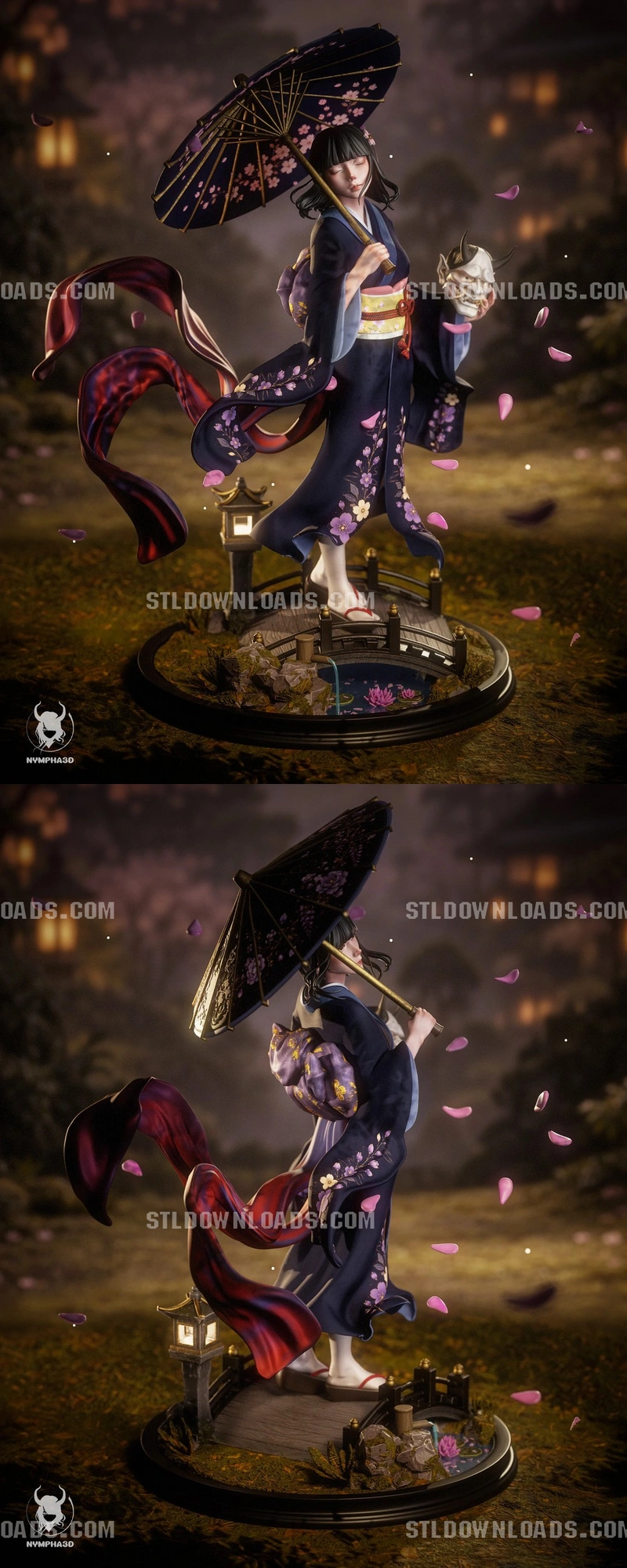 Hannya Maiden figure in a floral kimono holding a parasol beside an oni mask