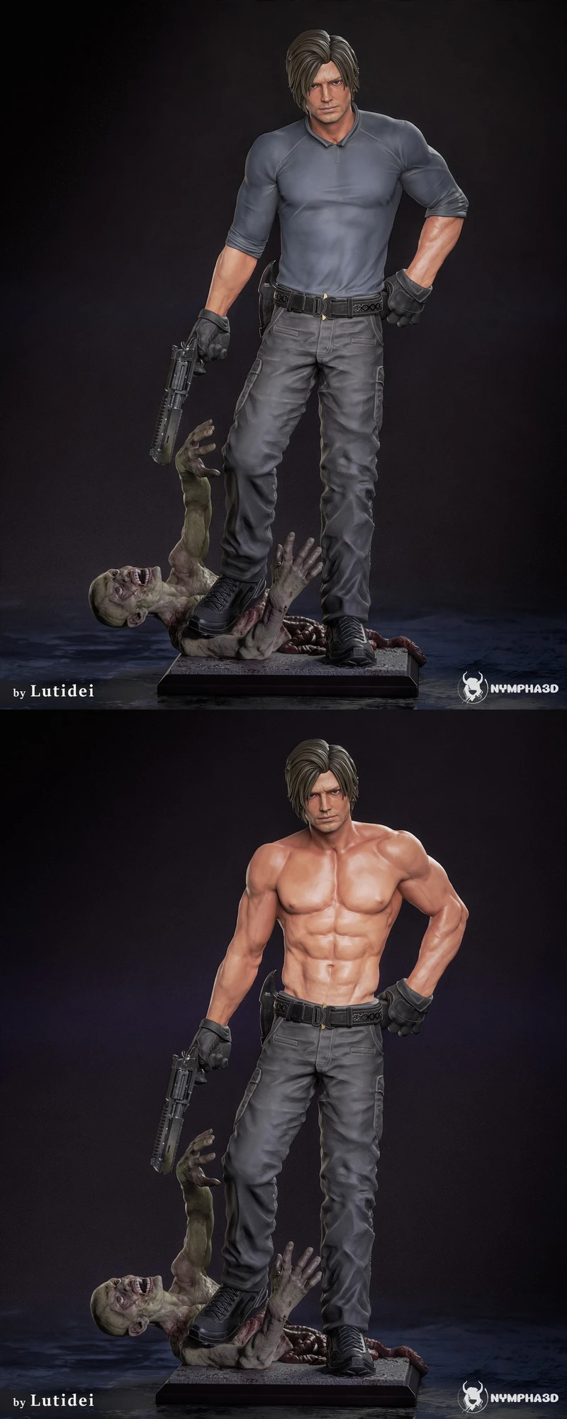Leon from Resident Evil standing over a zombie with a handgun