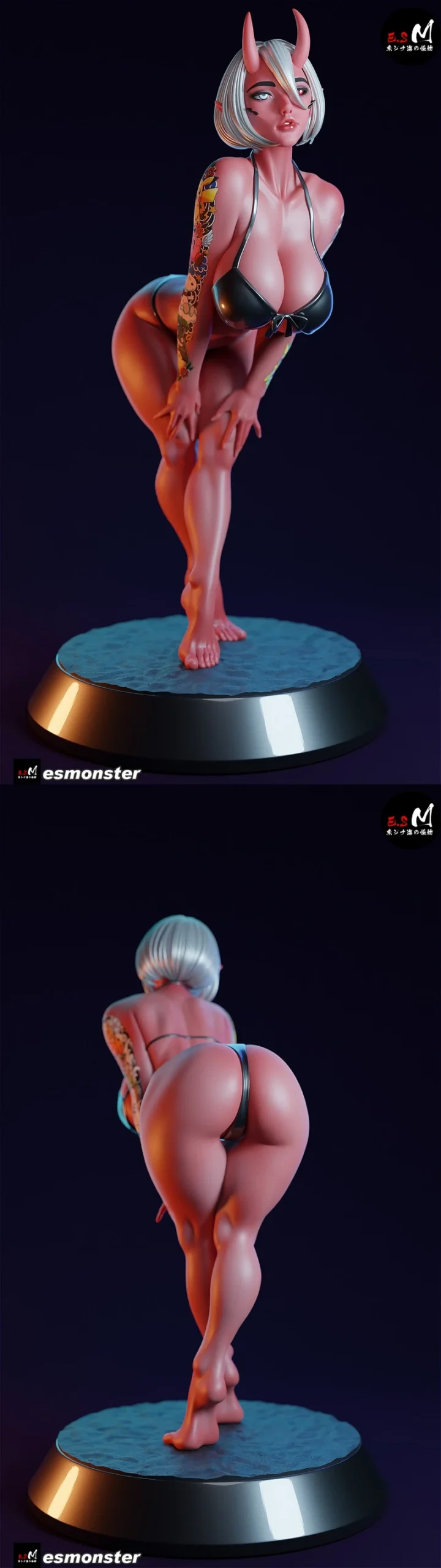 ONI P2 horned original character figure with silver hair on a display base