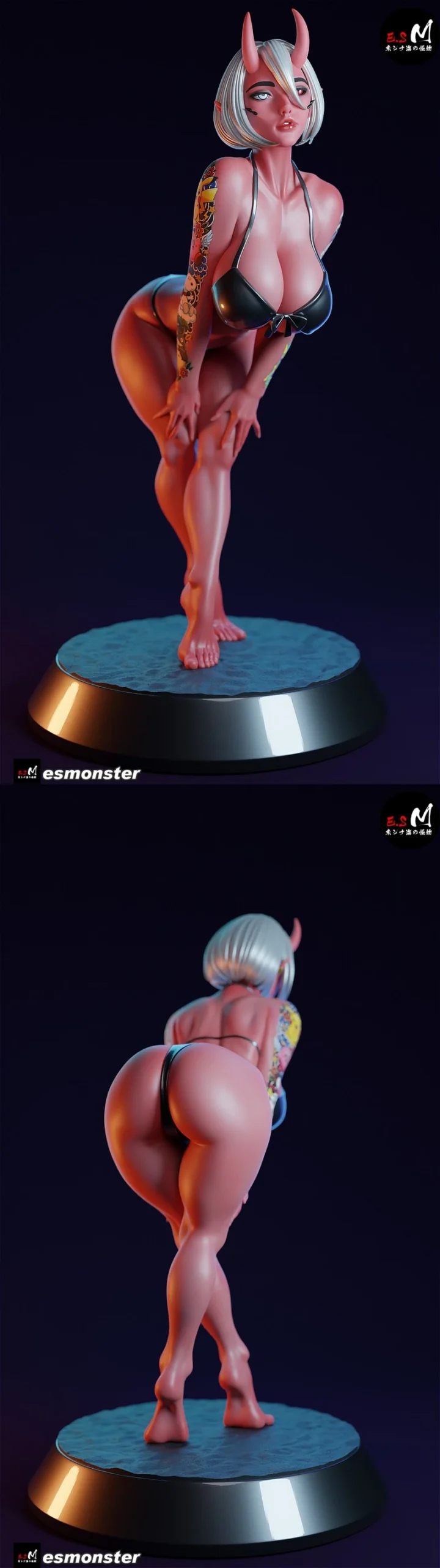 Full-body fantasy oni woman figure with horns, silver hair, tattoo sleeve, and display base