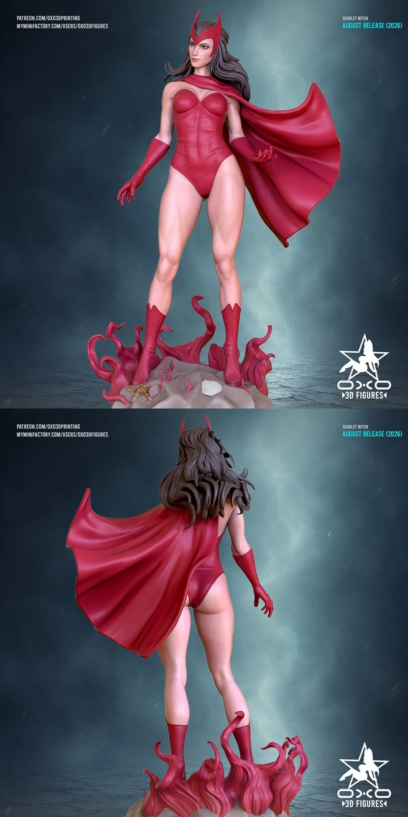 Scarlet Witch fan-art figure in red costume with cape and tentacle-like base