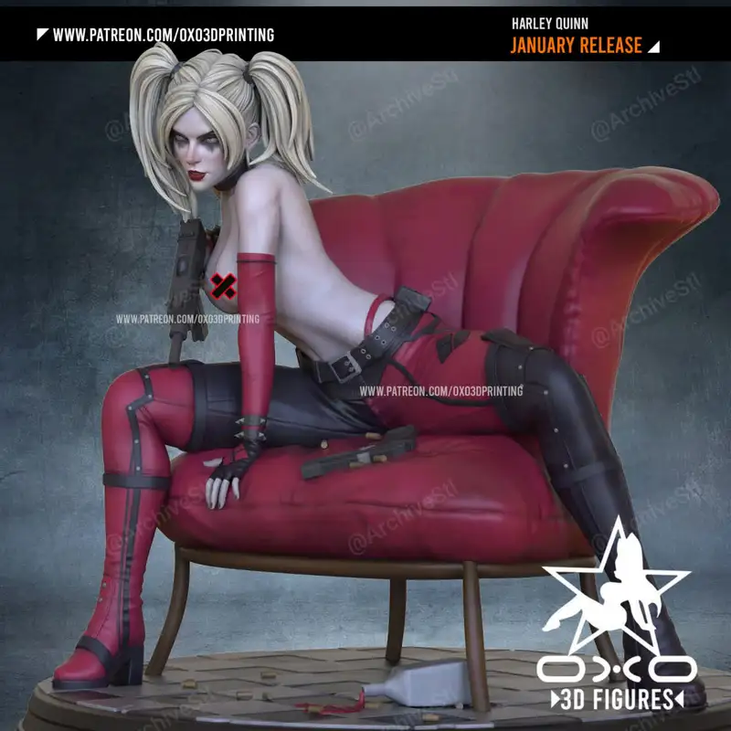 Harley Quinn seated on a red chair in a red-and-black outfit