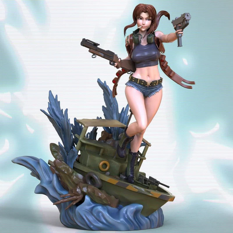 Revy from Black Lagoon holding two firearms on a boat-and-waves statue base