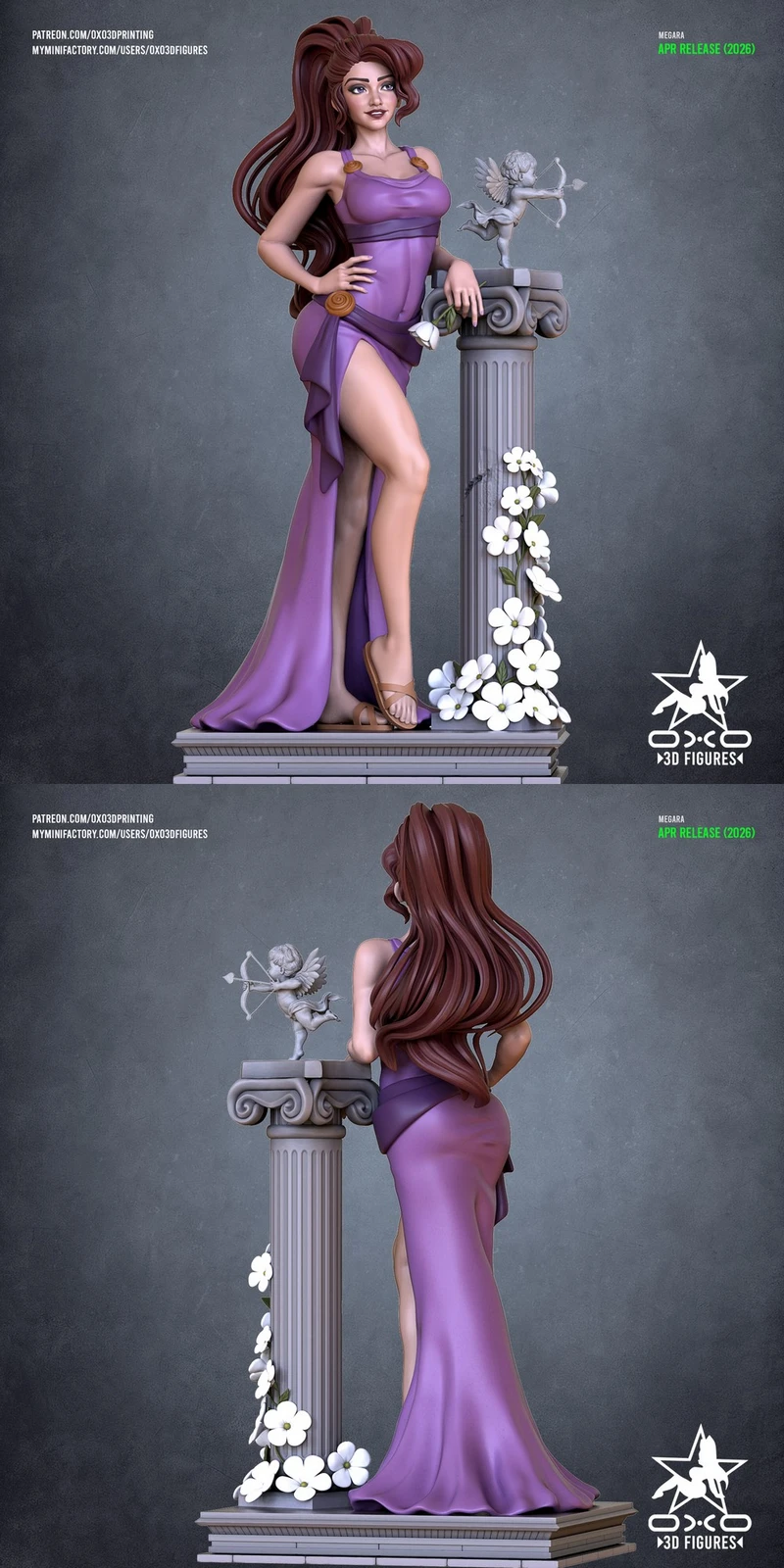 Megara from Hercules in a purple dress beside a flower-covered classical column