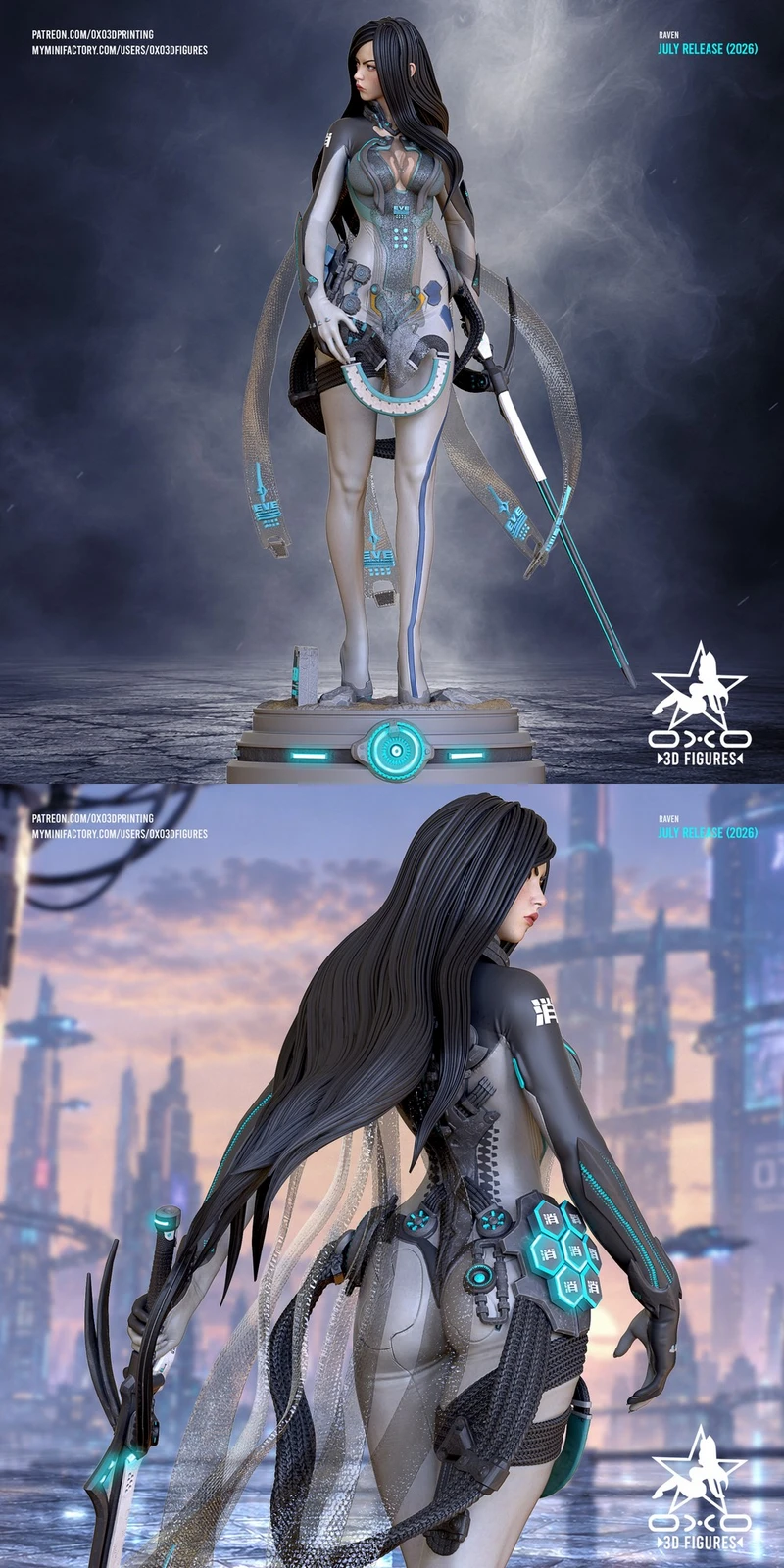Raven character figure with futuristic suit, flowing appendages, weapon, and illuminated display base