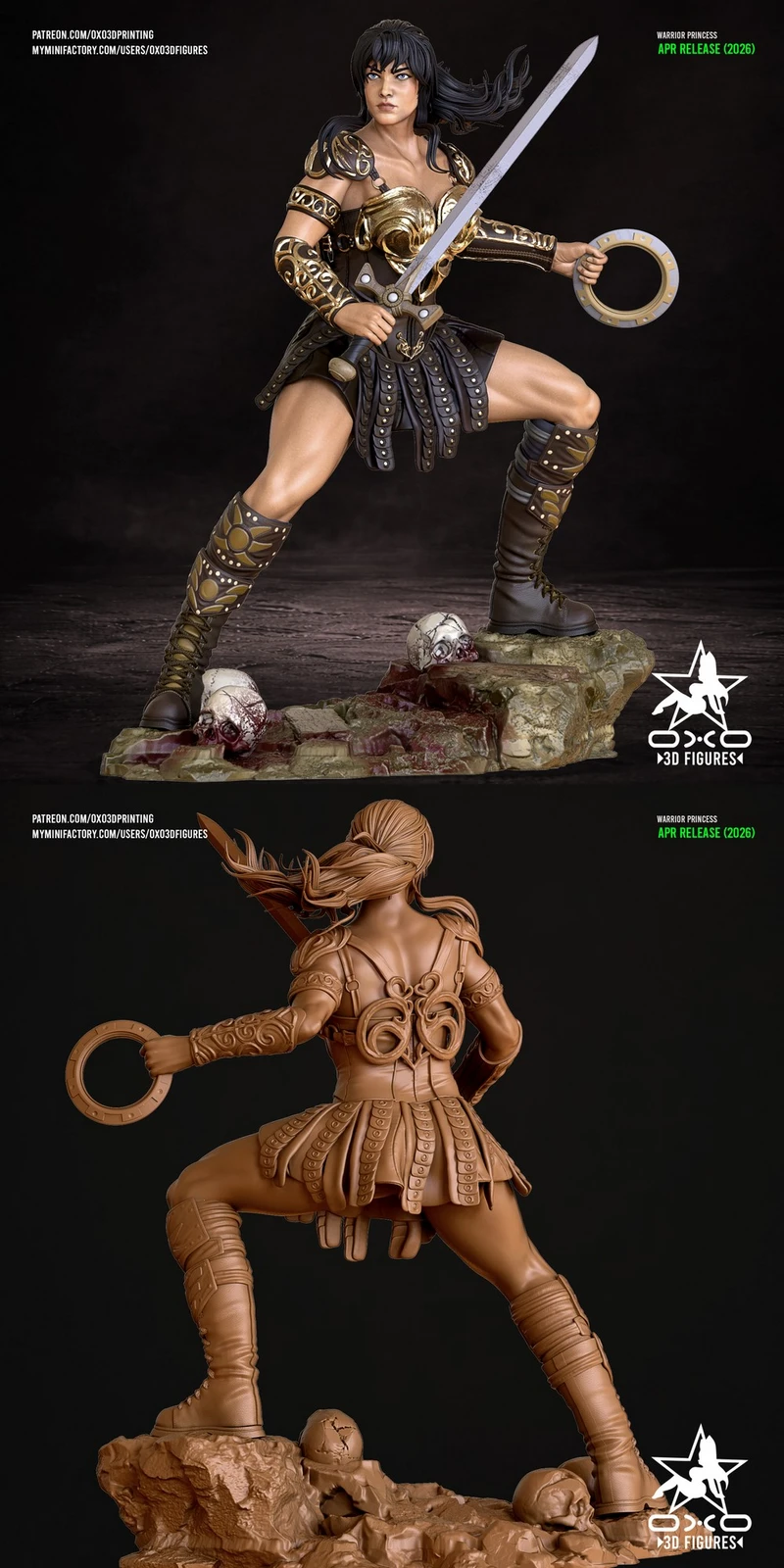 Original warrior princess 3D figure with sword, ring weapon, ornate armor, boots, and rocky skull-detailed base