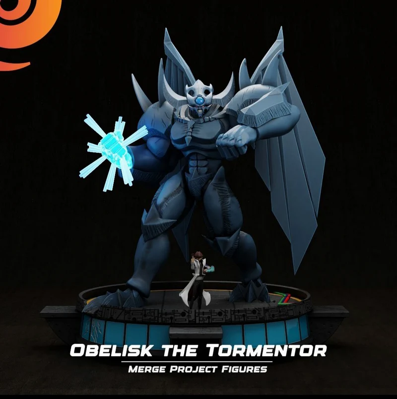 Obelisk the Tormentor armored winged monster figure on a display base
