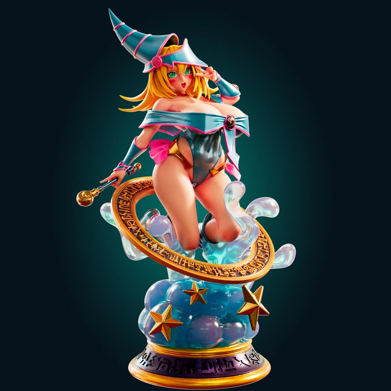 Dark Magician Girl Yu-Gi-Oh! figure with pointed hat, staff, magical ring, and cloud-like display base