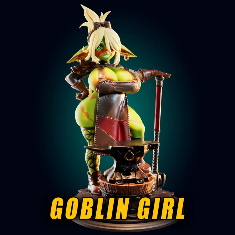 Green goblin girl blacksmith statue with an anvil and fantasy display base