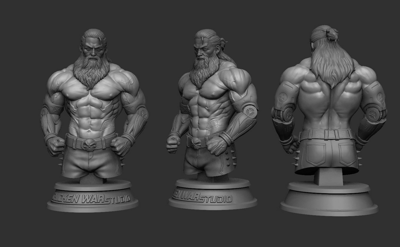 Original bearded warrior character statue with armor bracers on a display plinth