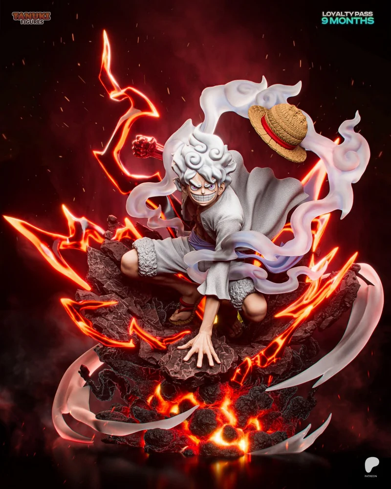 Monkey D. Luffy in Gear 5 with swirling effects on a rocky base