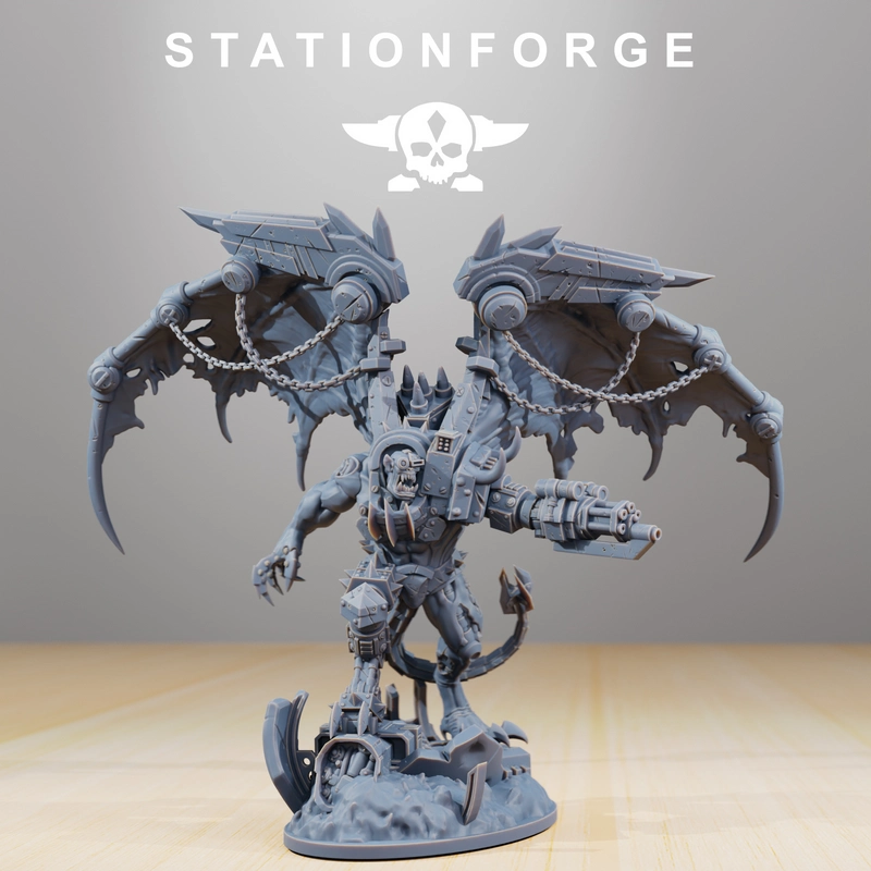 Orkaz Thazaron fantasy creature statue with mechanical wings, chains, armor, weapon, and display base