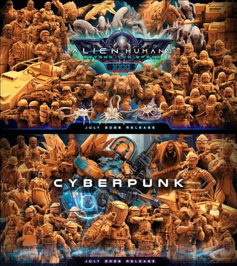 Collage of cyberpunk and fantasy miniature figures, alien creatures, robots, and armored characters