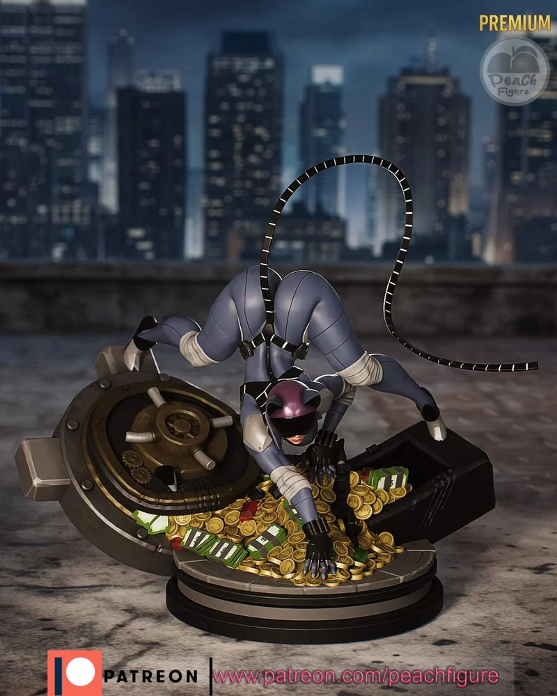 Catwoman crouching on a vault filled with coins and cash, with a long whip-like tail