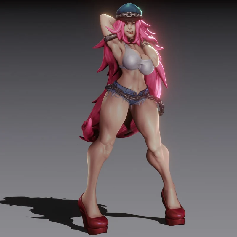 Poison from Street Fighter with pink hair, cap, chain belt, and platform heels