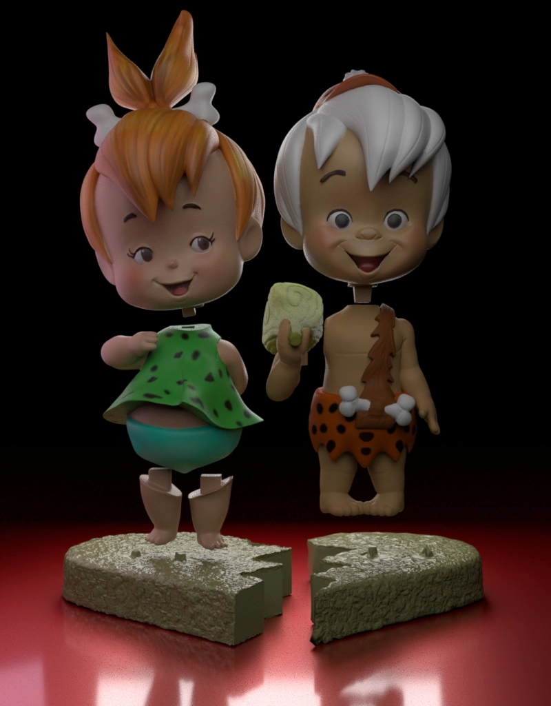 Pebbles and Bamm-Bamm Flintstones figures on separate textured display bases