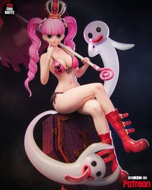 Perona from One Piece with pink hair, crown, parasol, red boots, and white ghost companions
