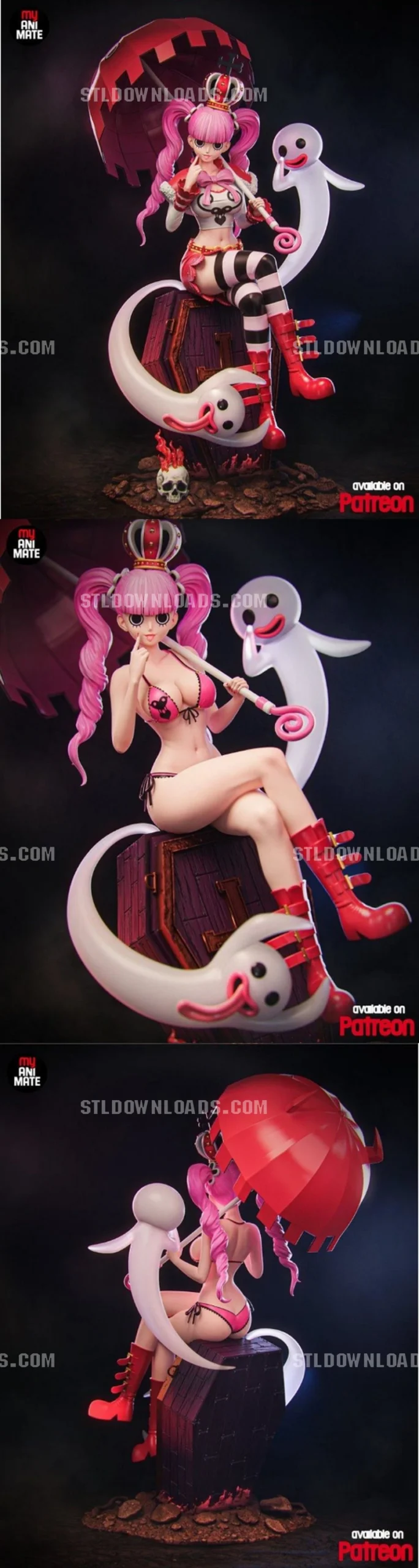 Perona One Piece figure with pink hair, ghosts, red boots and a parasol