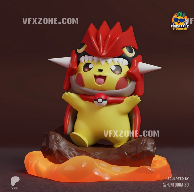 Pikachu in Groudon-inspired armor on a glowing lava-style base