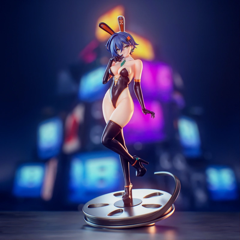 Belle Bunny from Zenless Zone Zero in a black bunny outfit on a display base