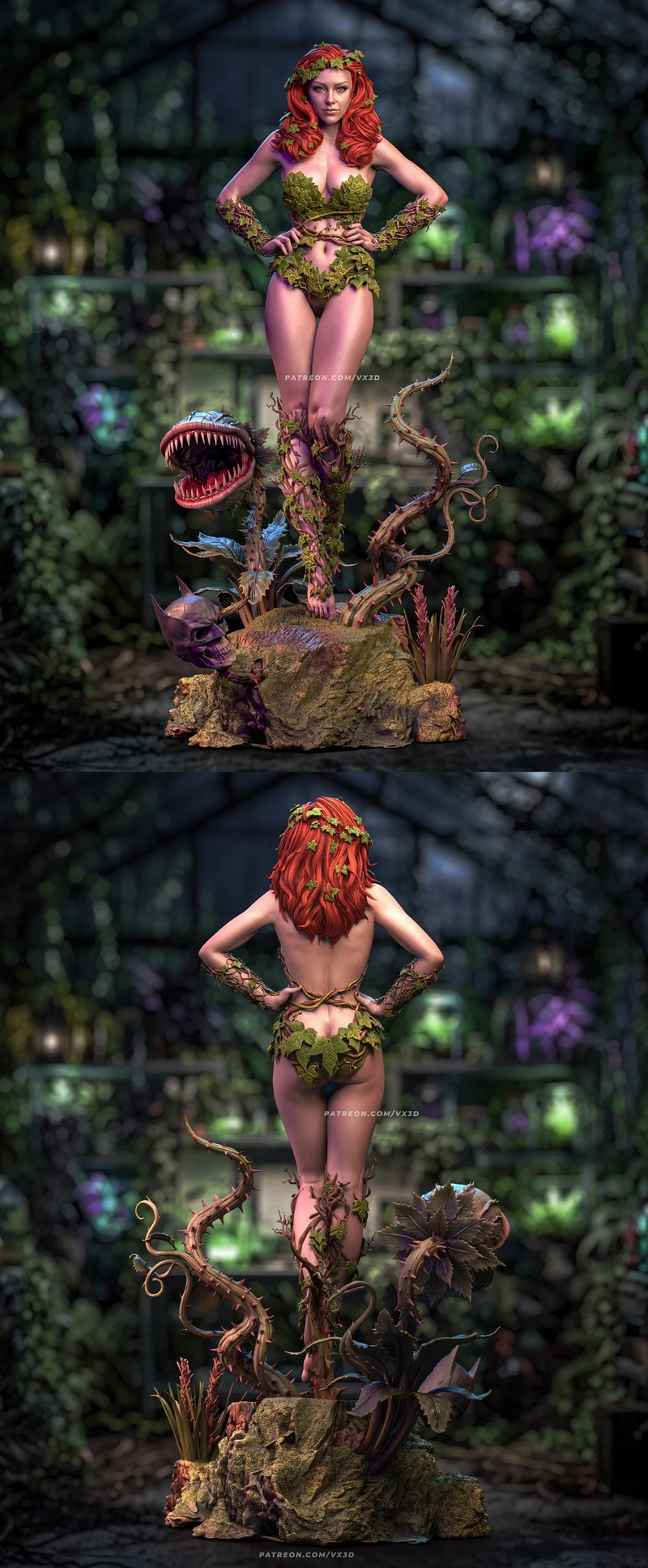 Poison Ivy DC Comics figure with vines, leaves, and a rocky plant base