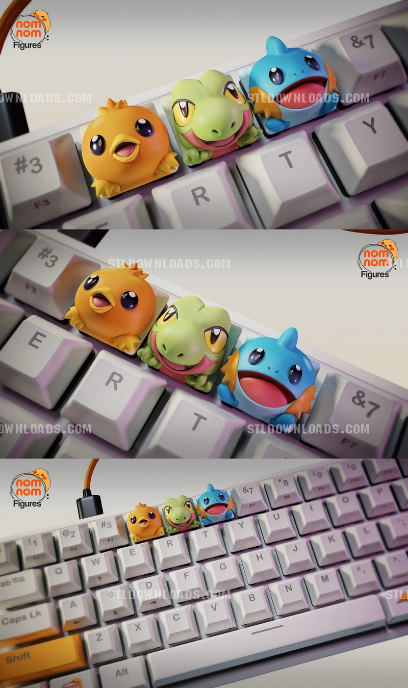 Three Hoenn Pokémon starter figures: Torchic, Treecko, and Mudkip