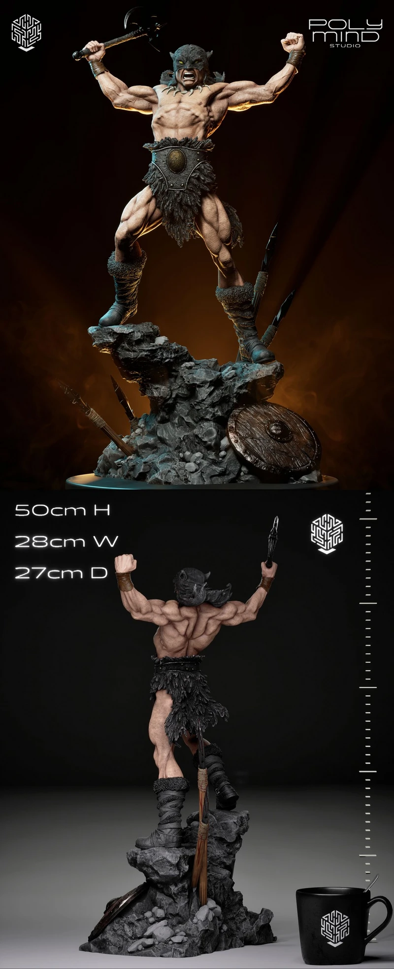 Dark Wolf original character statue with raised weapons on a rocky base